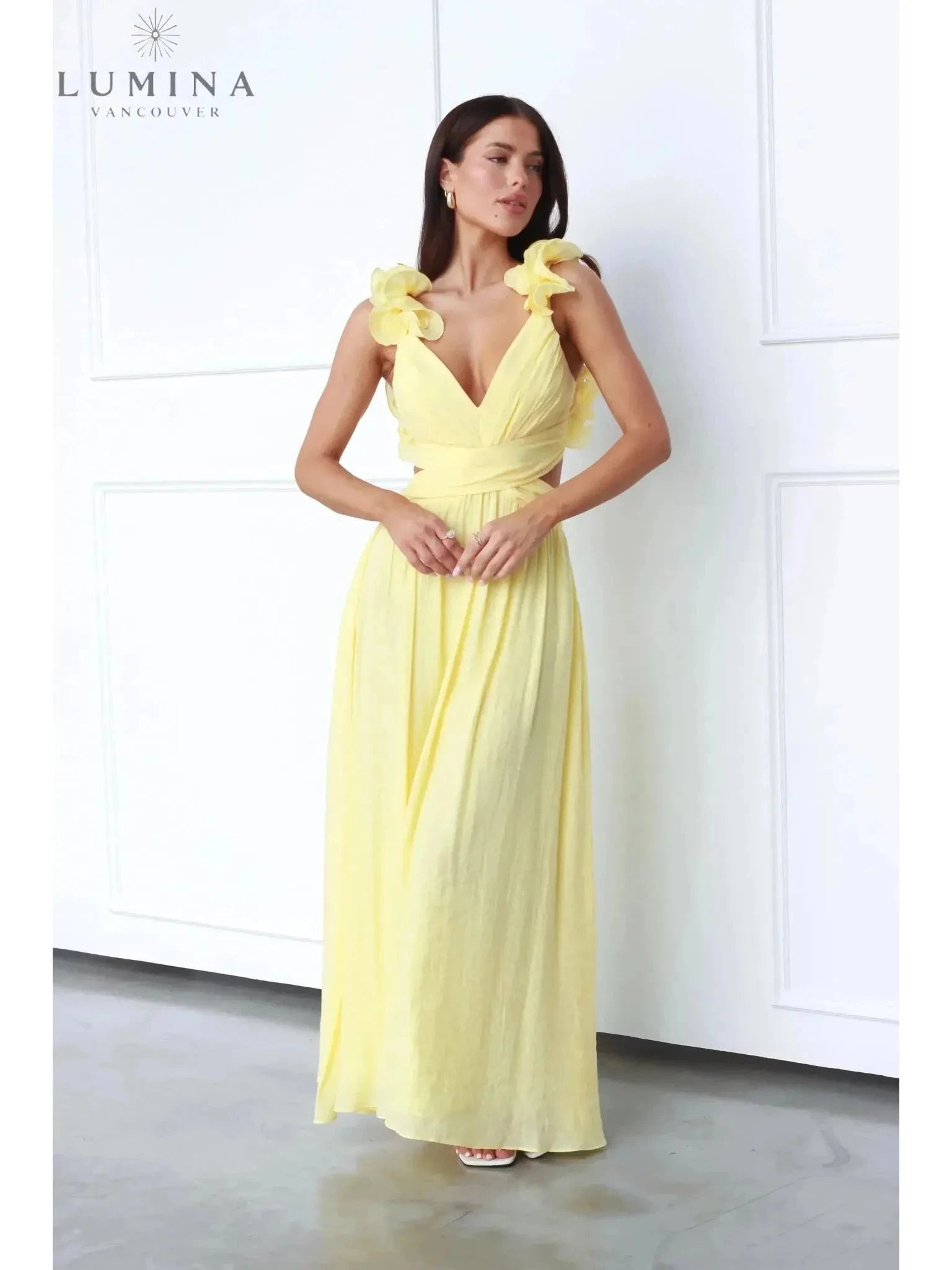 Lanae elegant wedding guest dress by Lumina Vancouver featuring a deep V-neck and sophisticated fit, ideal for formal occasions.