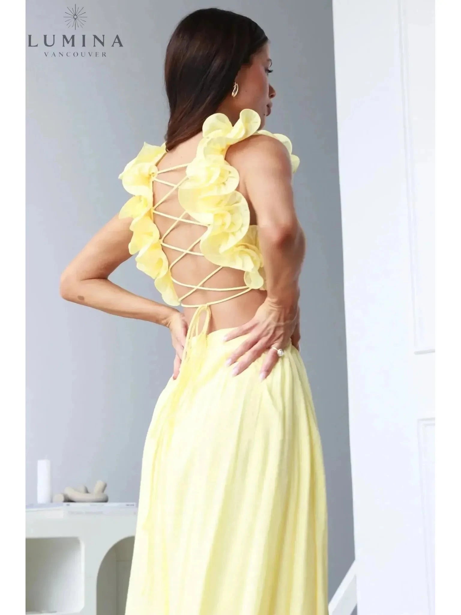 Lanae elegant wedding guest dress by Lumina Vancouver featuring a deep V-neck and sophisticated fit, perfect for formal occasions.