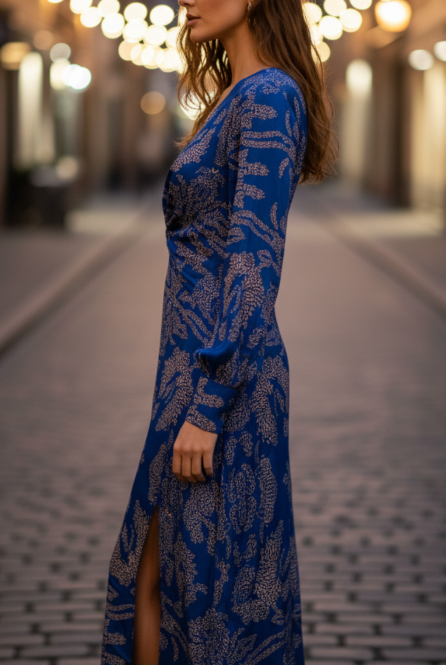 Blue Lara™ elegant dress by Lumina Vancouver, featuring a flowing design and stylish neckline for sophisticated occasions.