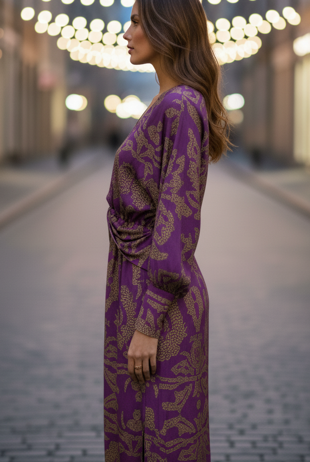 Blue Lara™ elegant dress by Lumina Vancouver, showcased on a hanger, featuring a flowing fabric and stylish design.