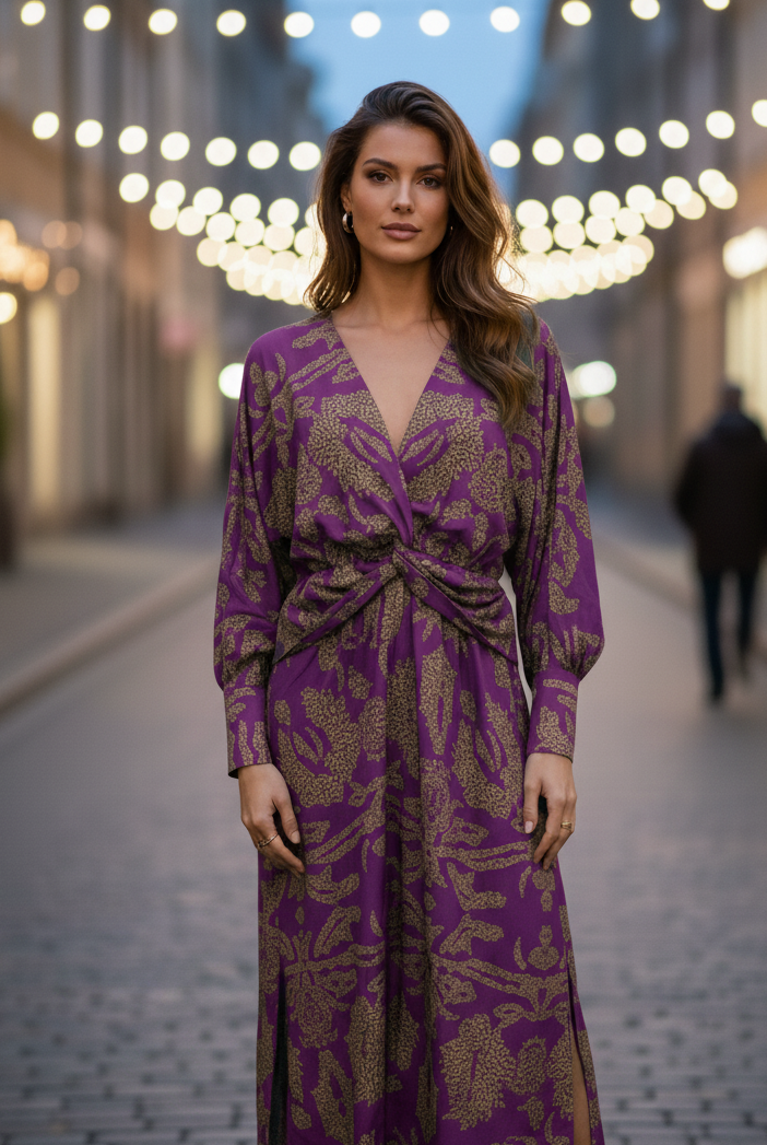 Blue Lara™ elegant dress by Lumina Vancouver, featuring a flowing design and stylish neckline, perfect for formal occasions.