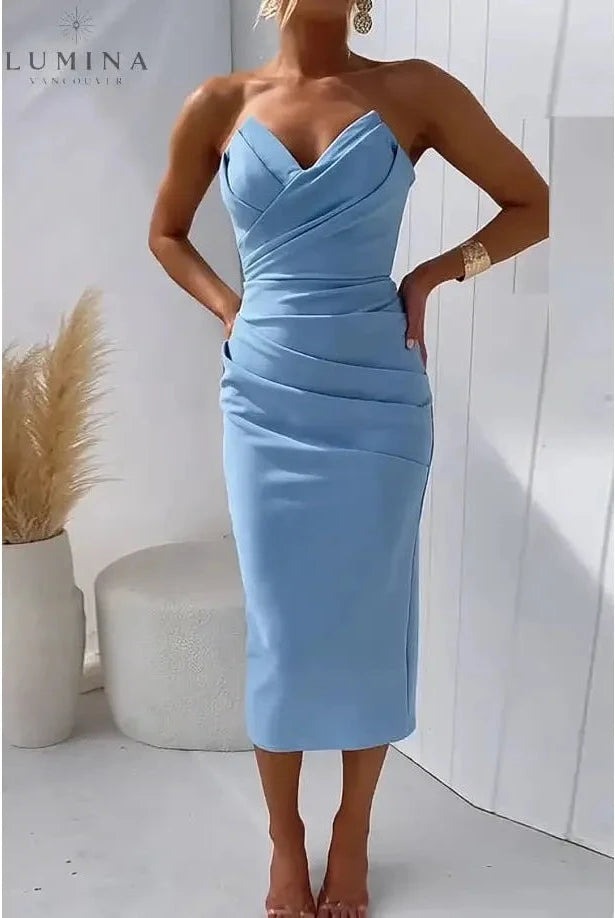 Blue Laura strapless evening dress by Lumina Wear, featuring elegant design perfect for formal occasions and wedding guest attire.