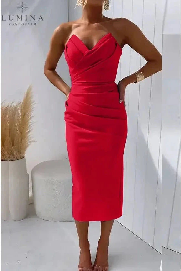 Blue Laura strapless evening dress by Lumina Wear, featuring a fitted bodice and elegant style perfect for special occasions.