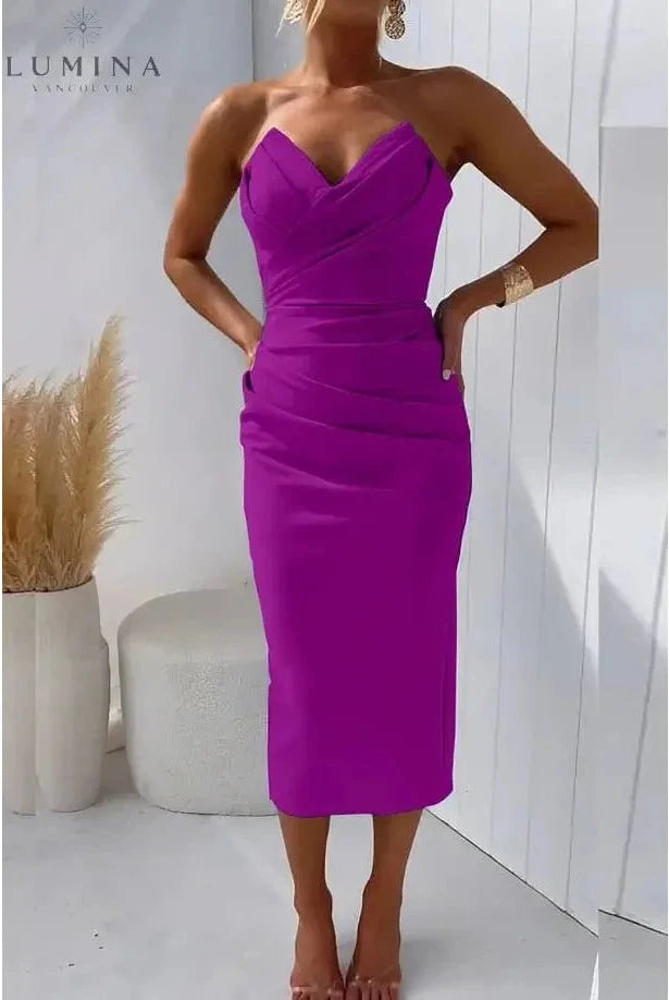 Blue Laura strapless evening dress by Lumina Wear, featuring a fitted bodice and elegant design for wedding guests.