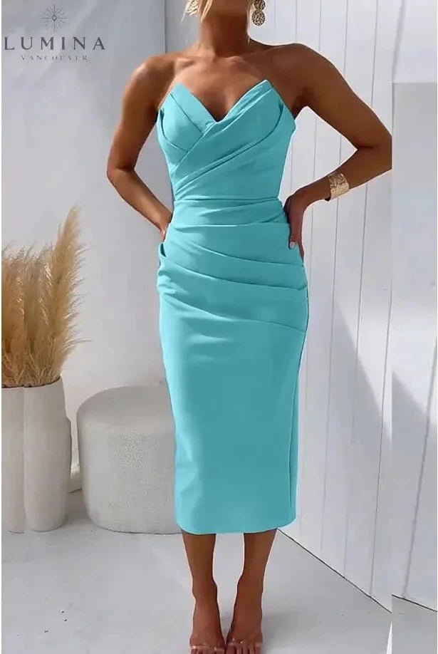Blue Laura strapless evening dress by Lumina Wear, featuring elegant design, perfect for wedding guests and special occasions.
