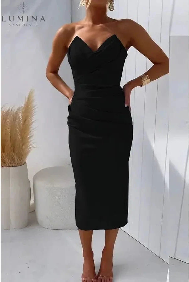 Blue Laura strapless evening dress by Lumina Wear, designed for elegant occasions and wedding guest attire.