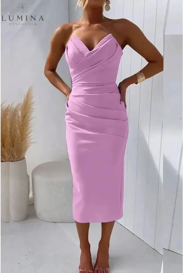 Blue strapless evening dress named Laura by Lumina Wear, featuring a fitted bodice and elegant design, perfect for formal occasions.