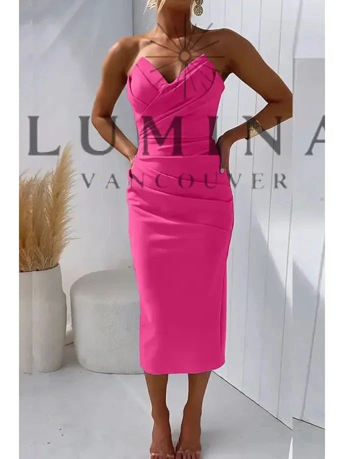 Blue Laura strapless wedding guest dress by Lumina Vancouver, elegant sleeveless design perfect for formal occasions.