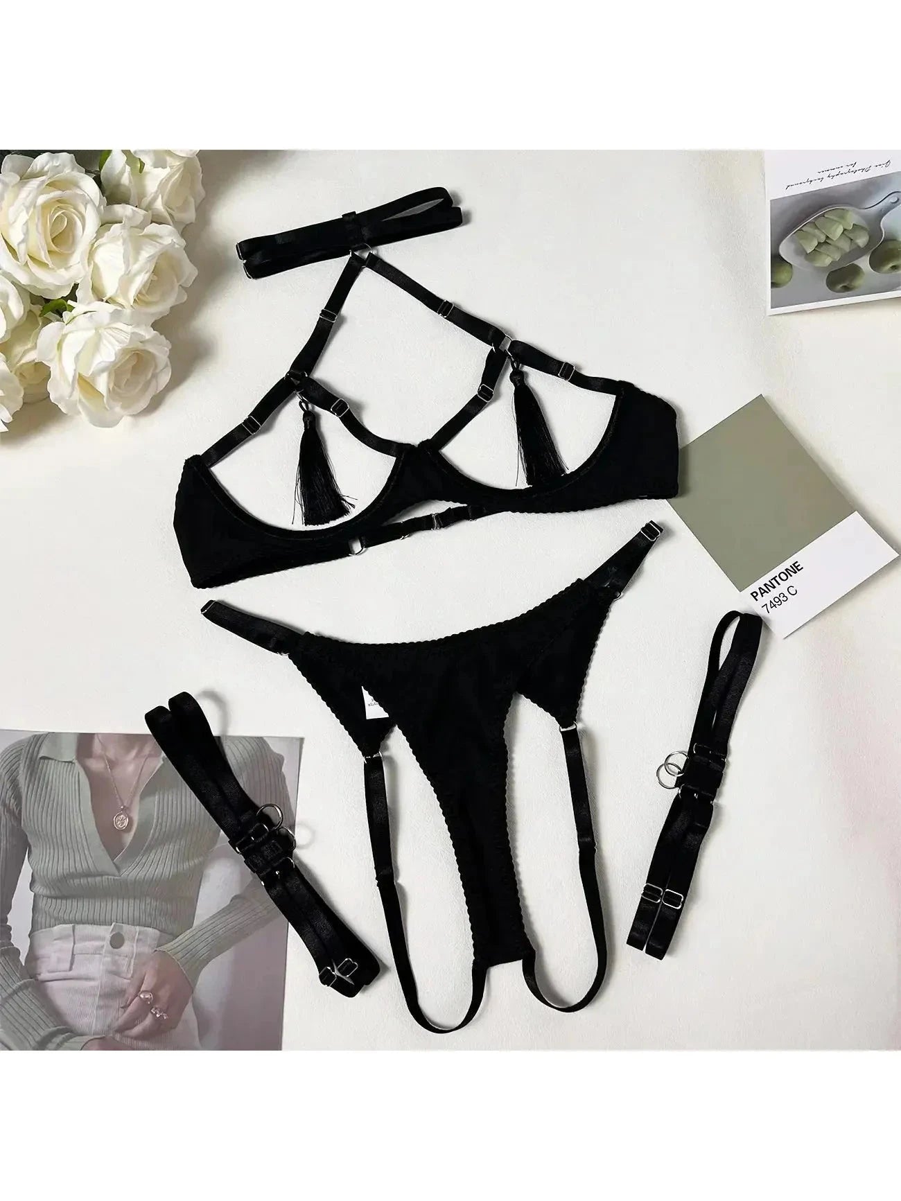 Black Layla tassle lingerie set by Lumina Vancouver featuring delicate tassle details and satin fabric, designed for elegant lingerie wear.