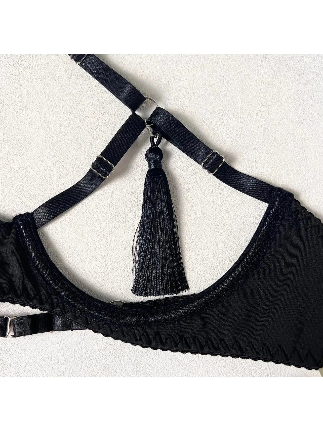 Black Layla tassle lingerie set by Lumina Vancouver featuring delicate tassles and soft lace details on the bra and matching panties.