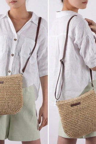 Léandre beige straw shoulder bag with vegan leather accents by Lumina Wear, stylish handbag with a shoulder strap and elegant design.