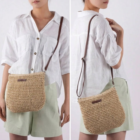 Léandre beige straw shoulder bag with vegan leather accents by Lumina Wear, stylish handbag with a shoulder strap and elegant design.