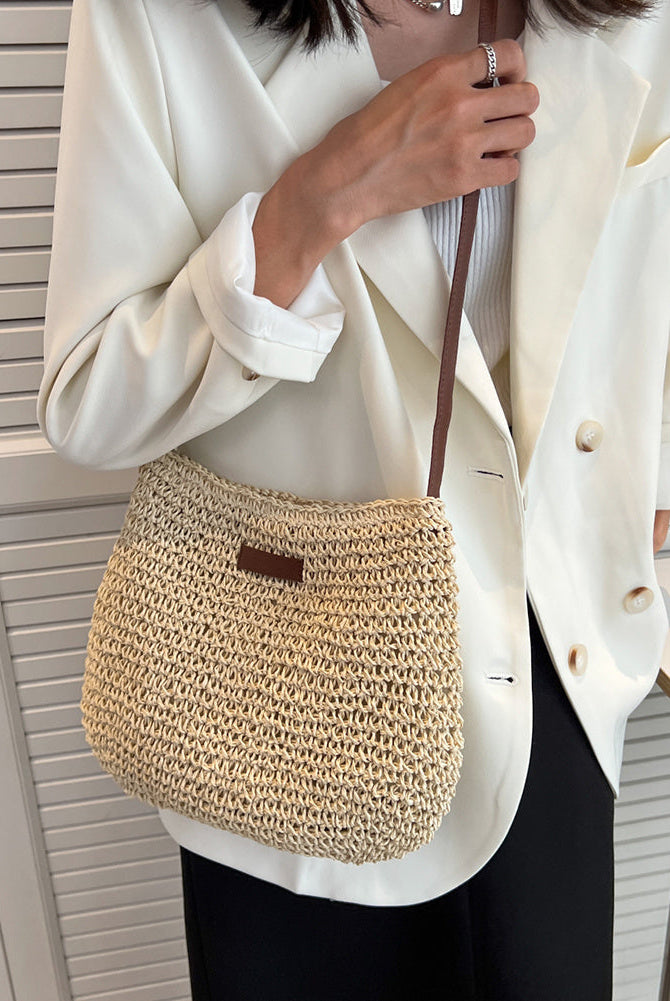 Léandre beige straw shoulder bag with vegan leather accents by Lumina Wear, stylish handbag with a chic design and practical size
