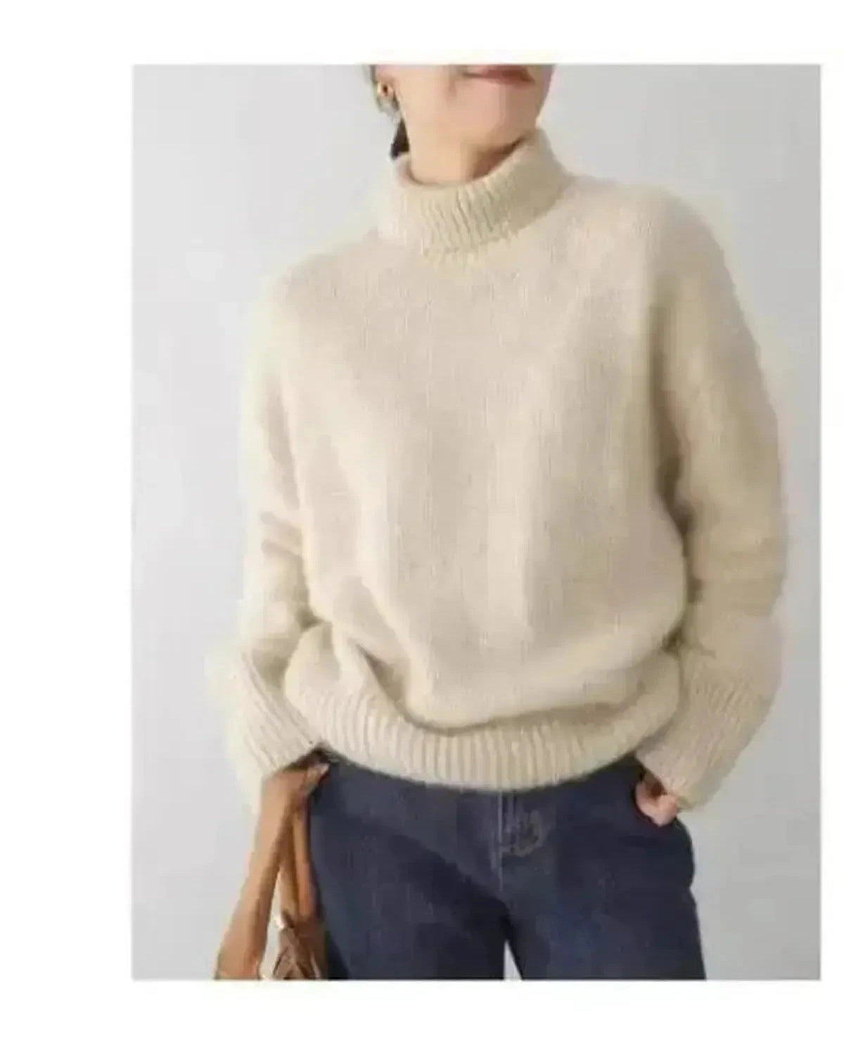 Beige Lena turtleneck sweater by Lumina Wear, featuring a cozy, fitted design perfect for casual and stylish looks.