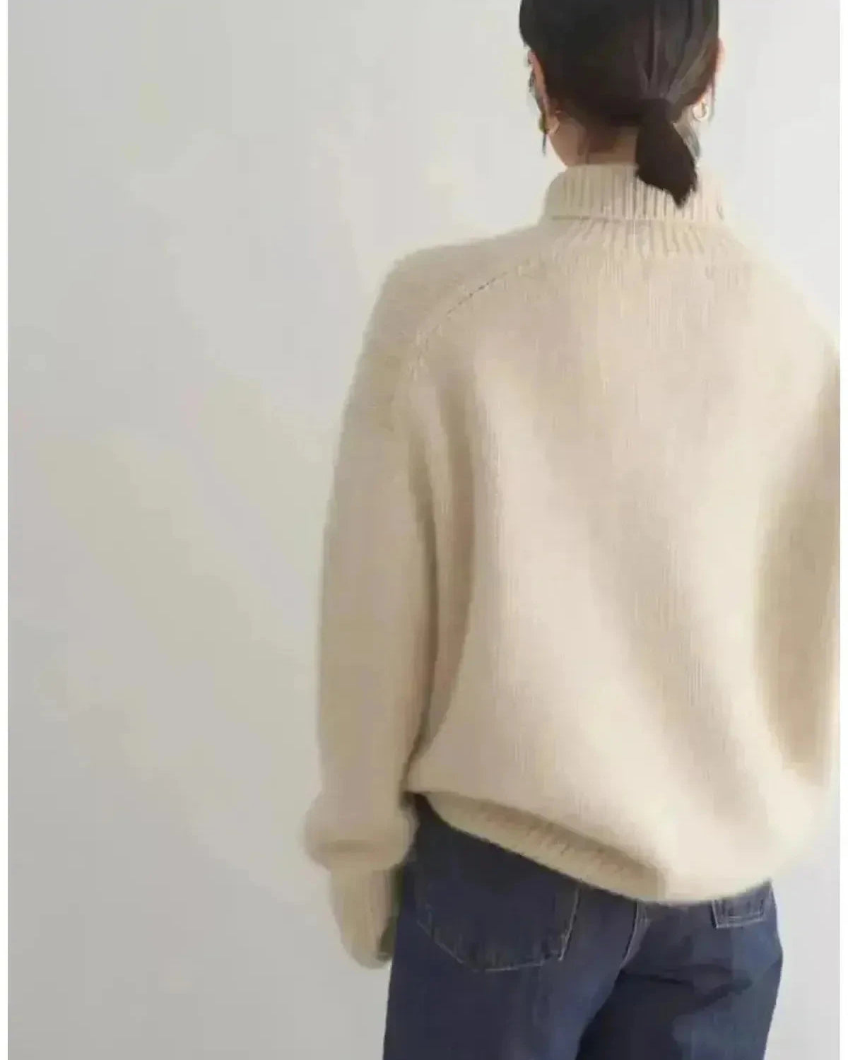 Beige Lena turtleneck sweater by Lumina Wear, featuring a cozy knit design and one-size fit, displayed on a neutral background.