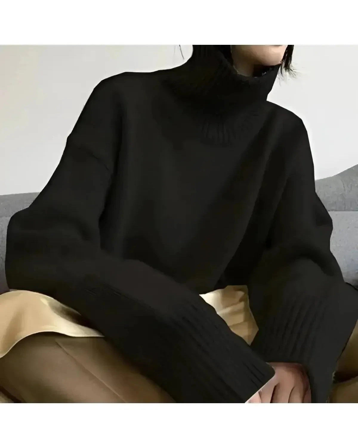 Beige Lena turtleneck sweater by Lumina Wear, featuring a cozy knit design and relaxed fit, displayed on a neutral background.