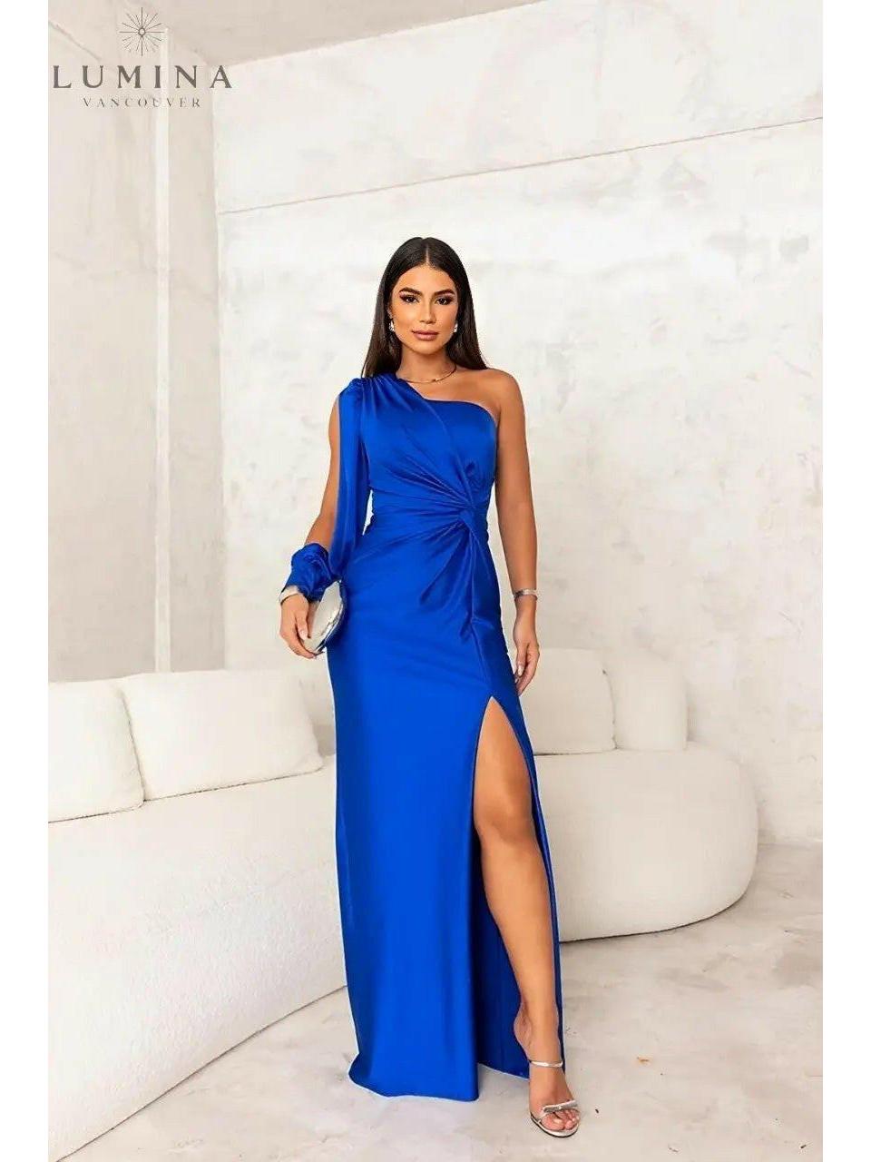 Blue-green Lenoir elegant wedding guest dress by Lumina Wear, featuring a stylish and sophisticated design for special occasions.