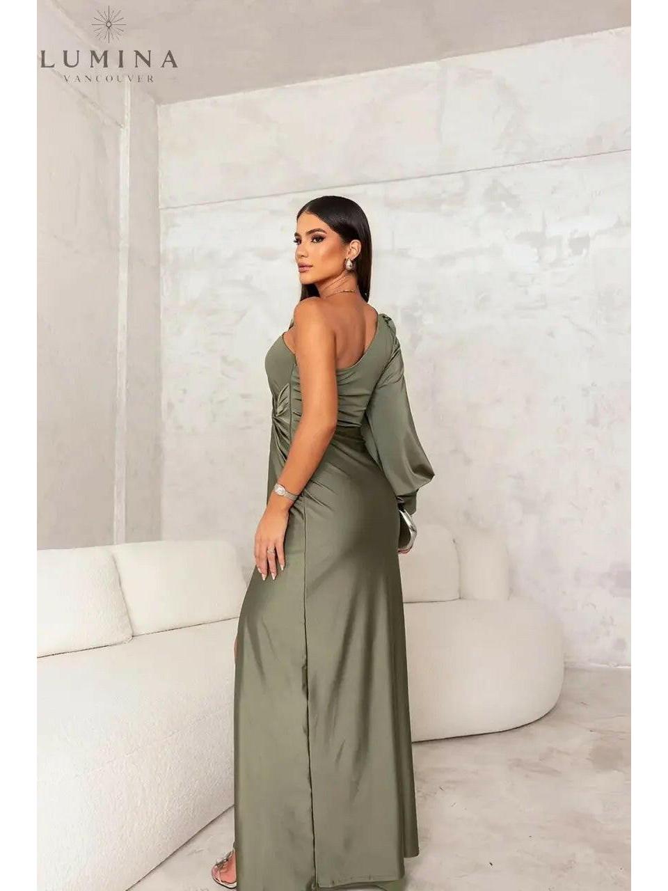 Blue-green Lenoir elegant wedding guest dress by Lumina Wear, featuring a stylish fit and flowing fabric for special occasions.