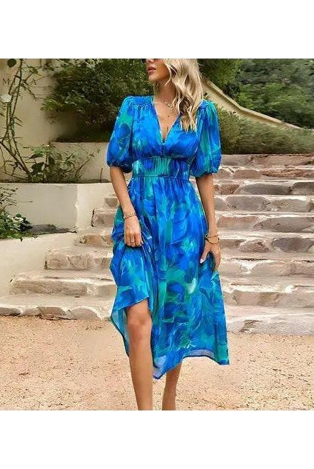 Blue Leona elegant midi evening dress by Lumina Wear, featuring a flattering fit for wedding guests and special occasions.