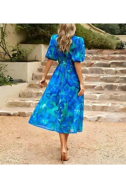 Blue Leona elegant midi evening dress by Lumina Wear, featuring a stylish design for wedding guest occasions.