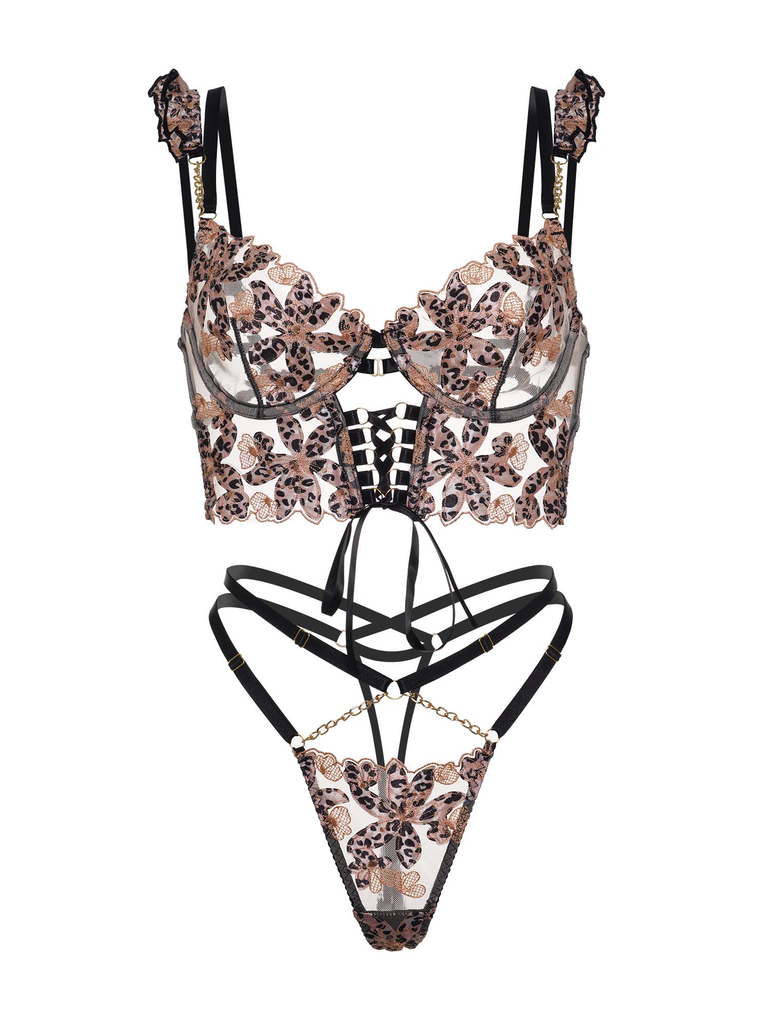 Leopard flower lace lingerie set by Lumina Vancouver, 2-piece with floral lace details and leopard print accents.