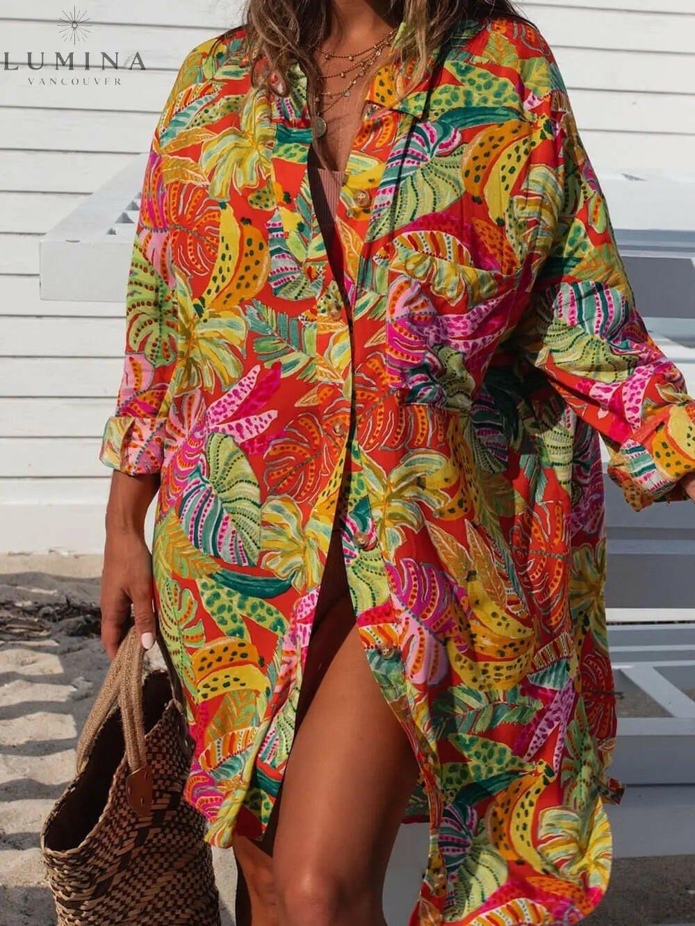 Multicolored Leslie printed button-down maxi dress from Lumina Vancouver's summer dress collection, flowing fabric and vibrant design.