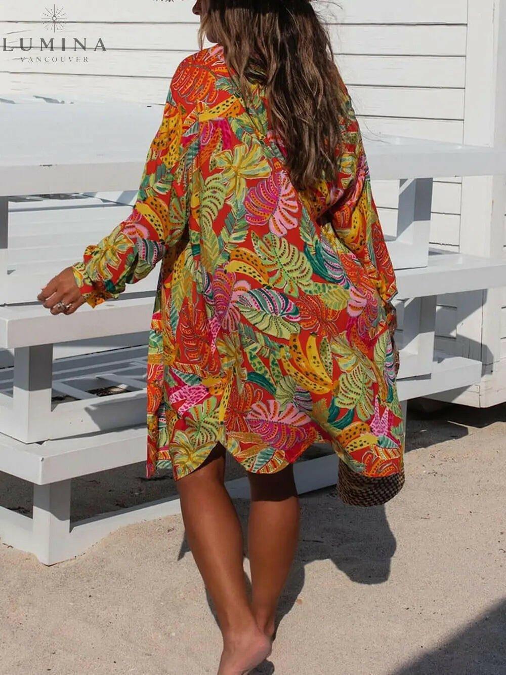 Leslie printed button-down maxi dress in multicolour from Lumina Vancouver's summer dress collection, featuring a flowy, vibrant design.