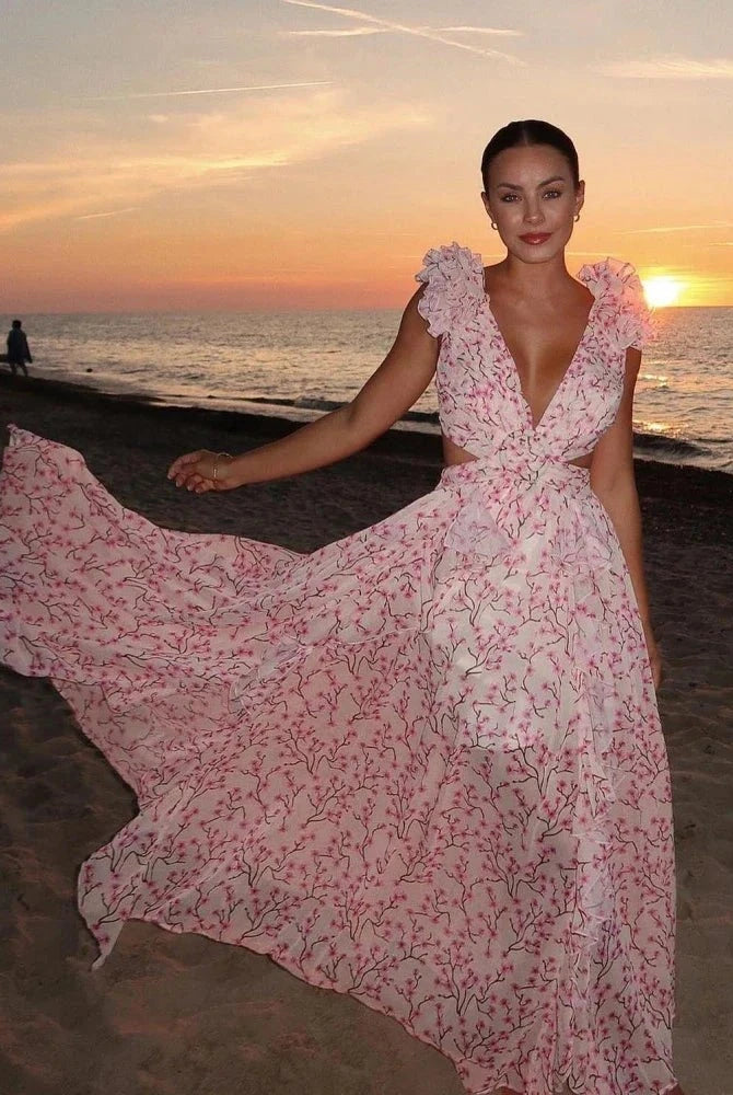 Light pink Lexi backless ruffles maxi dress by Lumina Wear, flowing elegant evening dress with ruffled details and fitted silhouette.