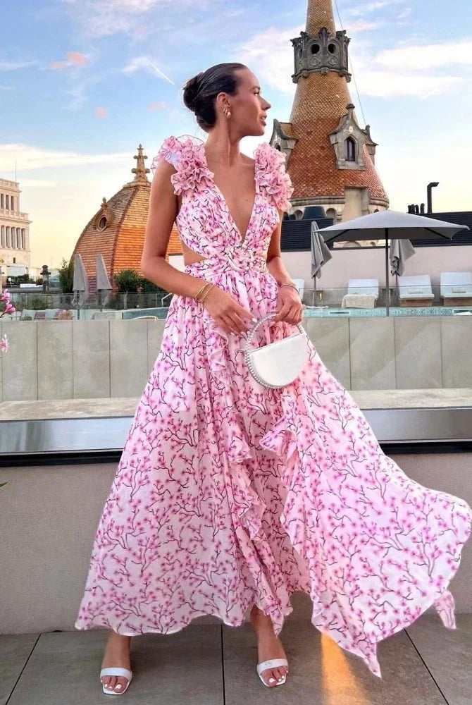 Light pink Lexi elegant backless ruffles maxi dress by Lumina Wear, featuring flowing fabric and stylish design.
