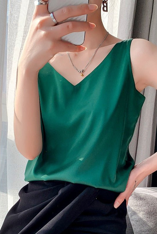 Black Lumina Wear Lily satin tank top with V-neck, relaxed fit, and camisole style, perfect for casual or layered looks.
