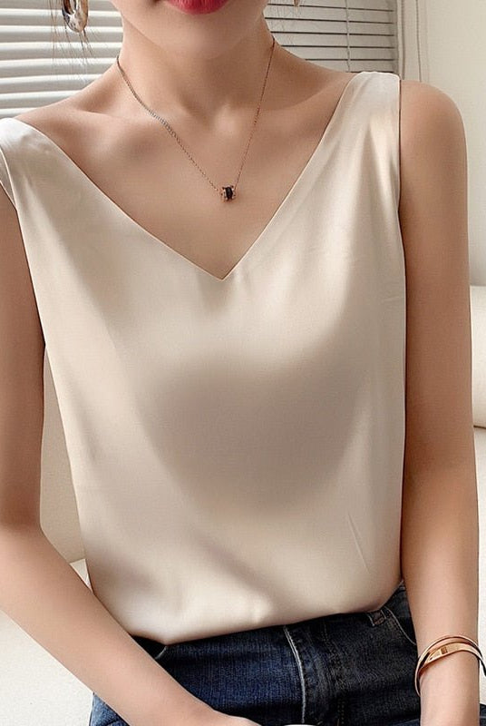 Black satin tank top by Lumina Wear, Lily Classic Relaxed Fit V-Neck camisole, sleeveless and soft fabric for comfortable style.