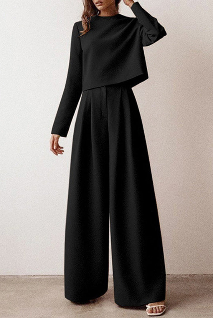 Black Lily two-piece set from Lumina Wear featuring a contemporary cropped top and wide-leg trousers, stylish and modern.