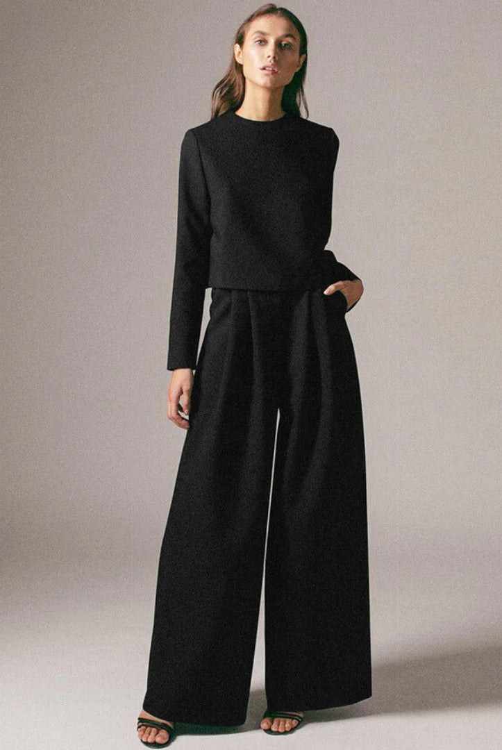 Lily black contemporary cropped top and wide-leg trousers set by Lumina Wear, stylish two-piece dress for modern fashion.
