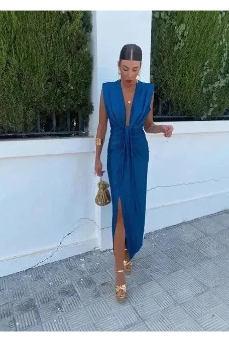 Blue Vappu Elegant Pleated Evening Dress by Lumina Wear, featuring a stylish design for wedding guests and formal occasions.