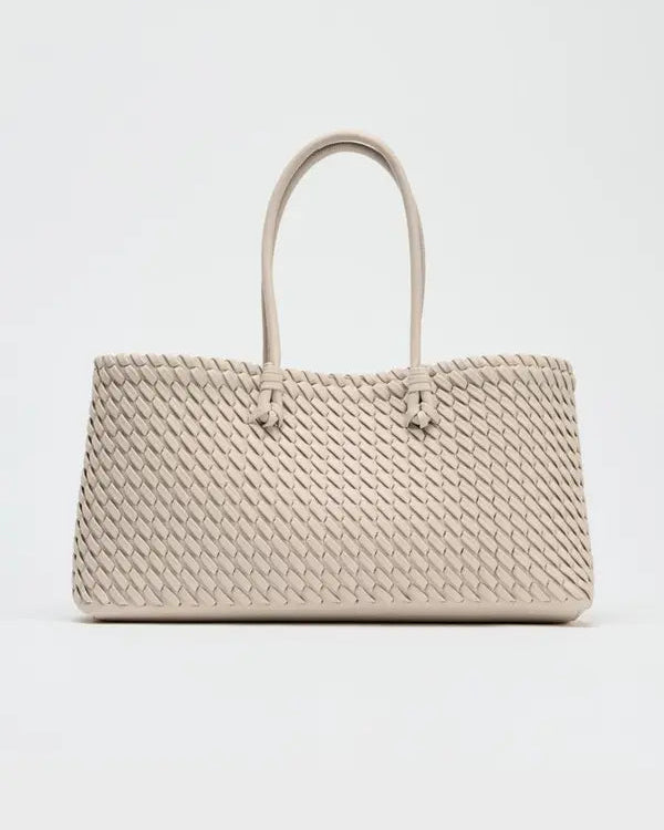 Lumina Wear Lindsay woven design tote bag in cream, spacious handbag with elegant woven pattern and sturdy handles.