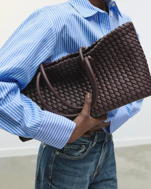 Lumina Wear Lindsay cream woven design tote bag with spacious interior, stylish handbag for everyday use.