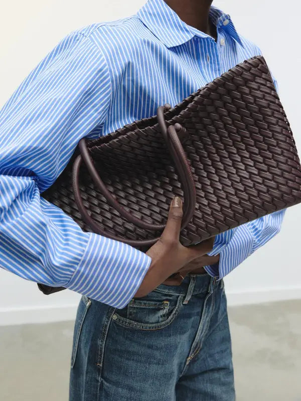 Cream Lumina Wear Lindsay woven tote bag with spacious interior and elegant design, perfect for stylish everyday use.