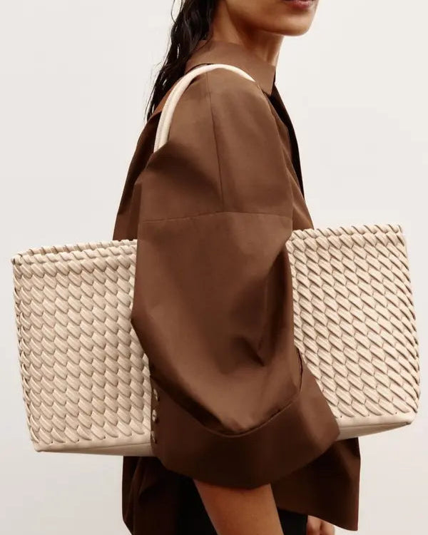 Lumina Wear Lindsay woven tote bag in cream with elegant design and ample space, perfect for stylish carrying.