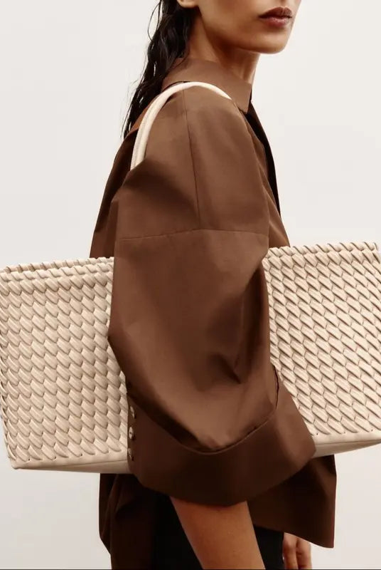 Lumina Wear Lindsay woven design tote bag in cream with spacious interior, perfect for stylish everyday use.
