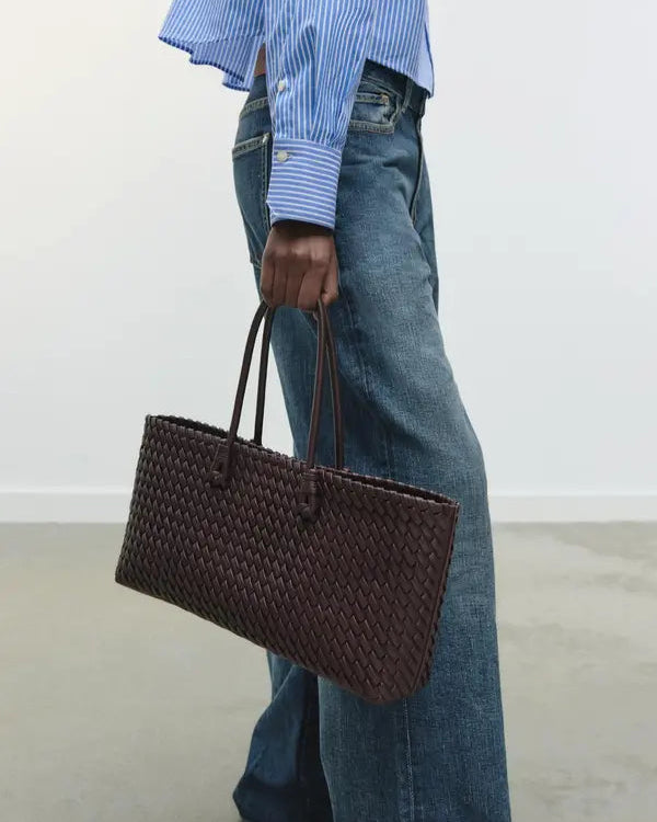 Lumina Wear Lindsay elegant woven design tote bag in cream, spacious handbag with stylish craftsmanship.
