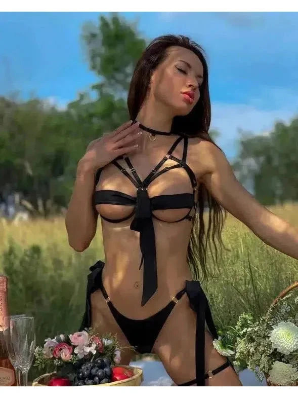 Black Cerise Bowknot lingerie set by Lumina Vancouver featuring delicate lace and a bowknot detail on the bra and matching panties.