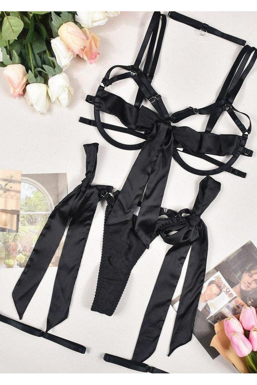 Black Cerise Bowknot lingerie set by Lumina Wear featuring delicate bow details and matching bra and panty design.