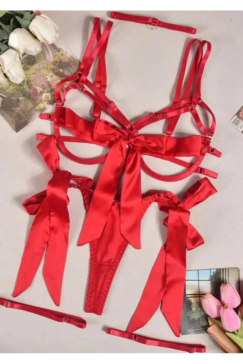 Black Cerise Bowknot lingerie set by Lumina Wear featuring a delicate bowknot detail and matching bra and panty set.