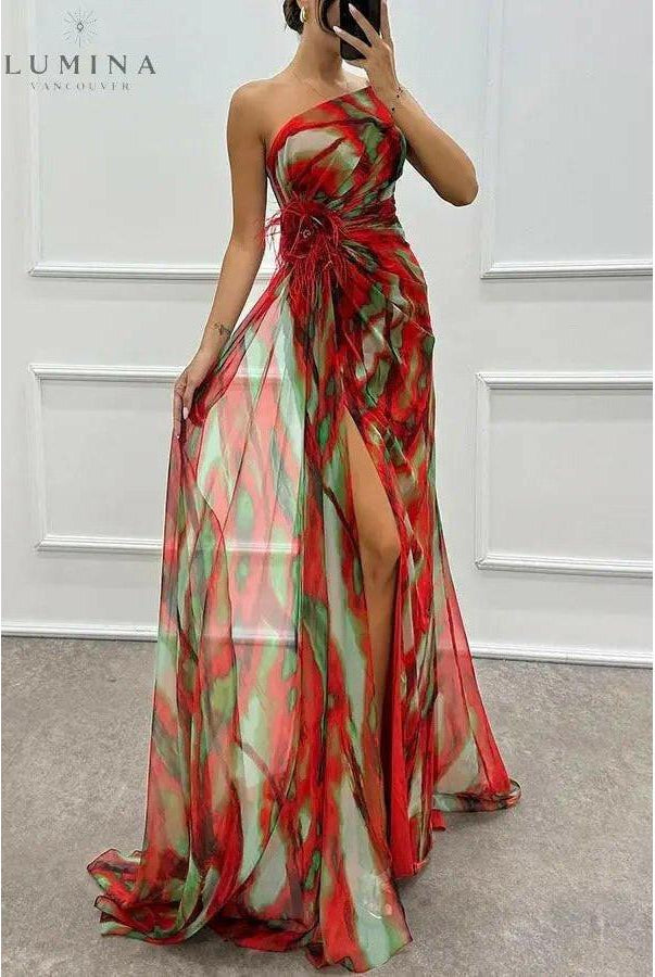Blue Blanche off-shoulder slit printed maxi dress by Lumina Wear, featuring a flowing design perfect for wedding guests.