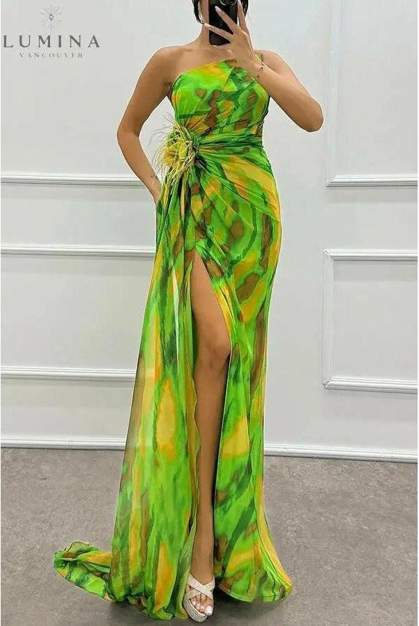 Blue off-shoulder printed maxi dress with slit by Lumina Wear, perfect for wedding guests, shown on a model.