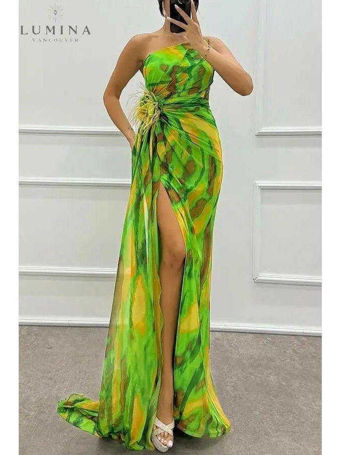 Blue off-shoulder printed maxi dress by Lumina Vancouver, featuring a slit, perfect for wedding guests.