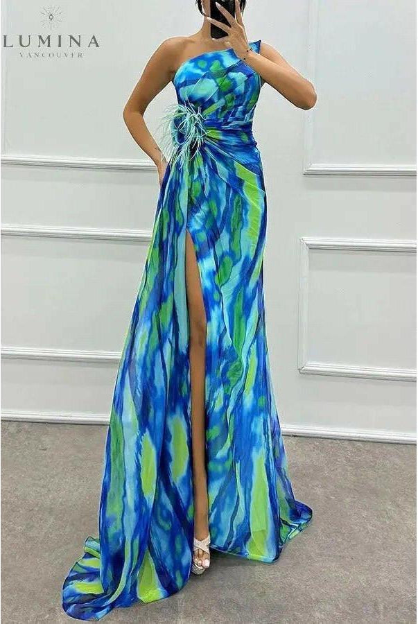 Blue Blanche off-shoulder slit printed maxi dress by Lumina Wear, featuring a flowing design perfect for weddings and special occasions.