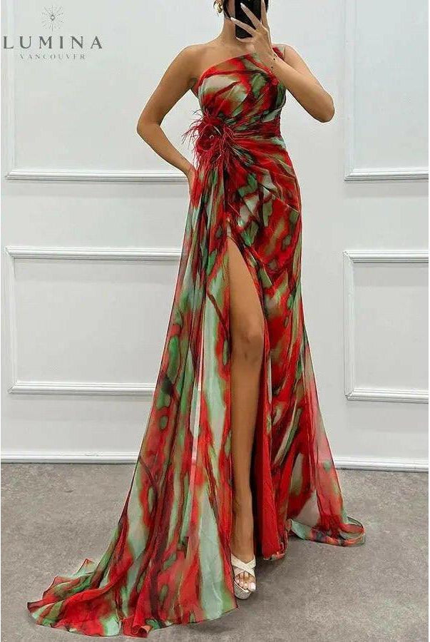 Blue Blanche off-shoulder slit printed maxi dress by Lumina Wear, featuring a flowing design and elegant silhouette.