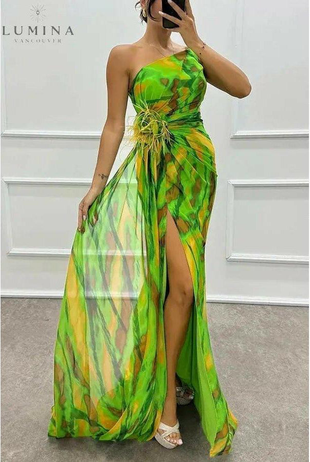 Blue Blanche off-shoulder slit printed maxi dress by Lumina Wear, perfect for wedding guests and elegant summer occasions.
