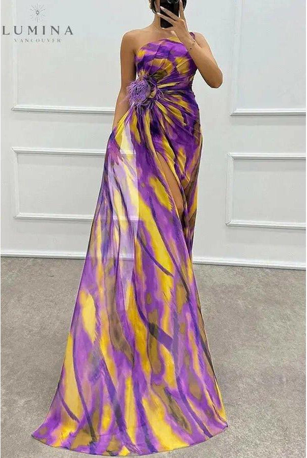 Blue off-shoulder slit printed maxi dress by Lumina Wear, perfect for weddings and elegant occasions.